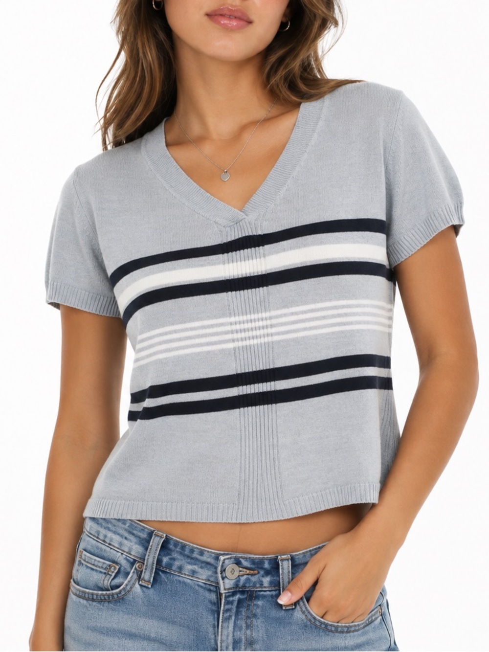 Vintage Historia Y2K Blue Cotton Knit Baby Tee Retro Short Sleeve Top Striped